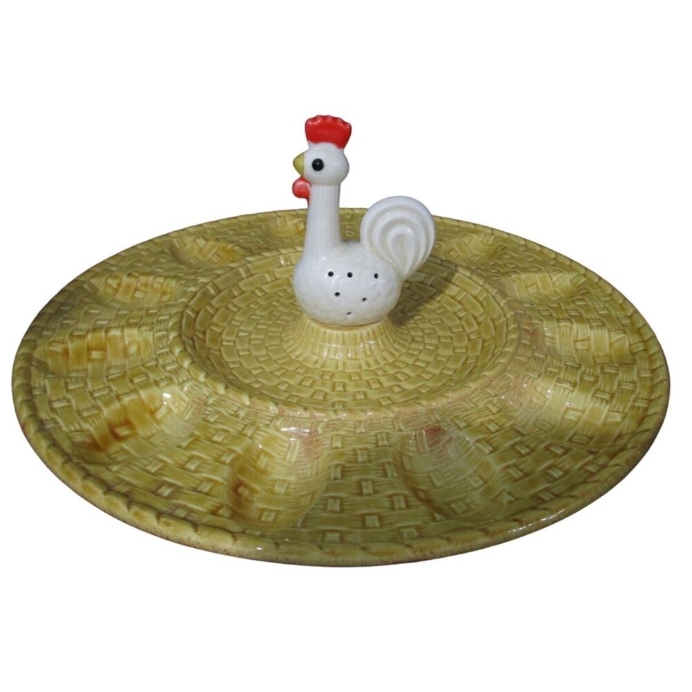 Vintage Ceramic Rooster Hen Chicken Basket Weave Deviled Egg Plate EUC